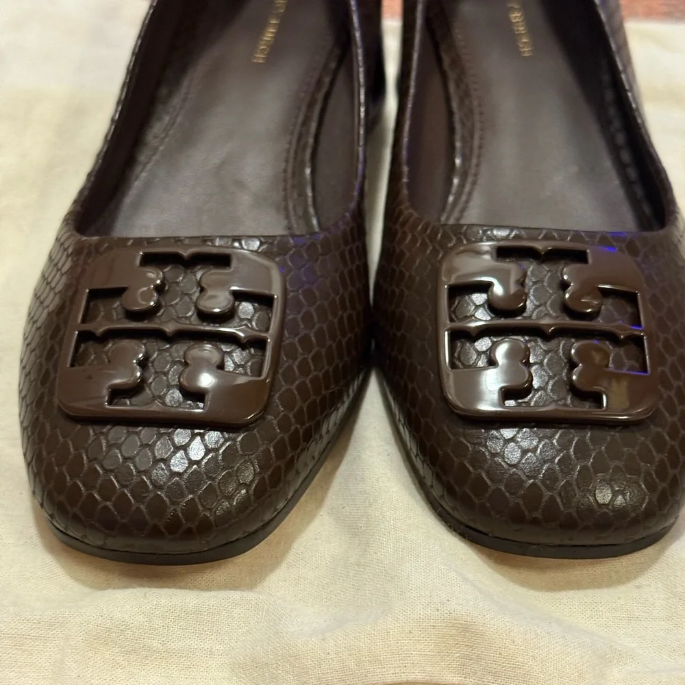 Tory Burch Brown Snake-Embossed Logo Ballet Flat